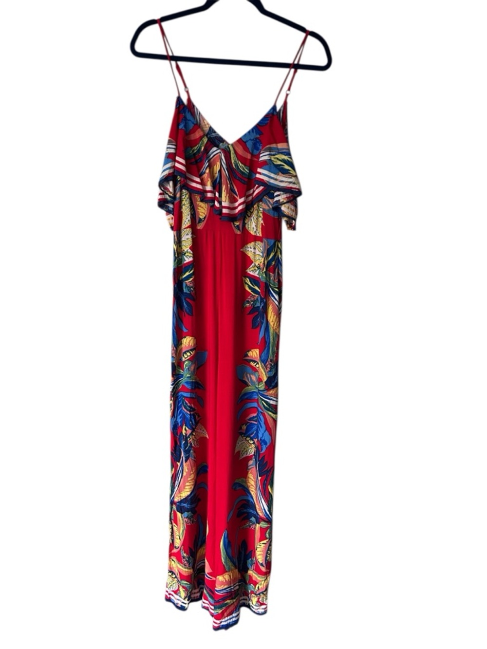 Flying Tomato Red Tropical Wide Leg Jumpsuit Cold Shoulder Ruffle